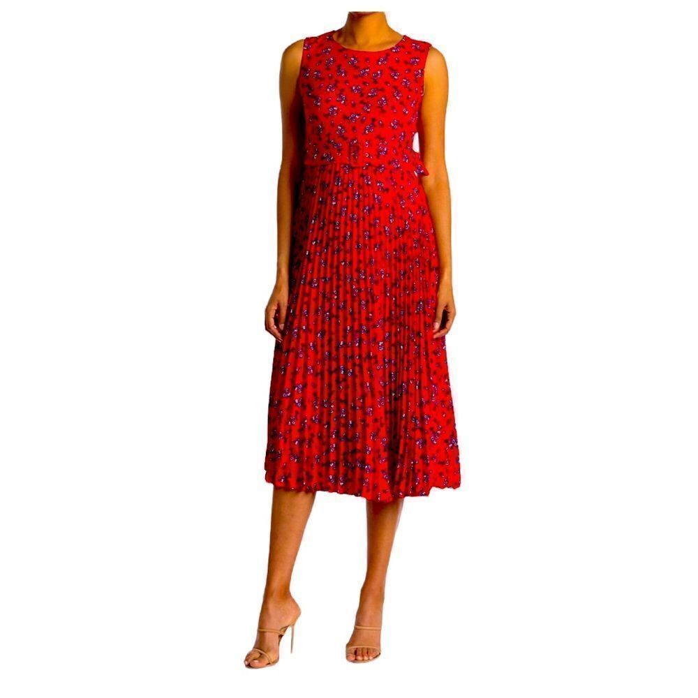 T Tahari Floral Sleeveless Belted Pleated Midi Dress